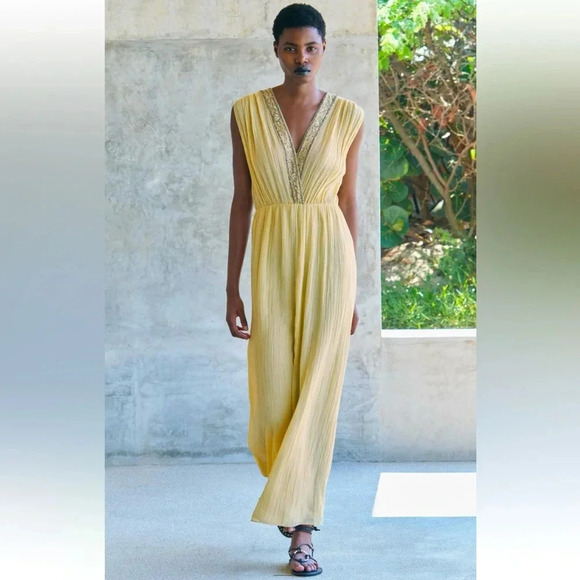 ZARA EMBROIDERED BEADED PASTEL YELLOW DRESS ZW COLLECTION - Picture 2 of 12